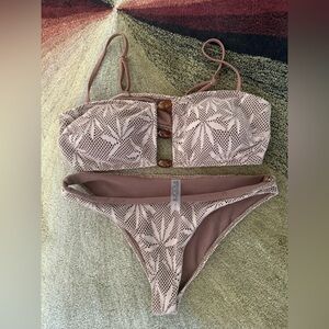 Beige Crochet Lace Bandeau Bikini Set with Tortoiseshell Accents